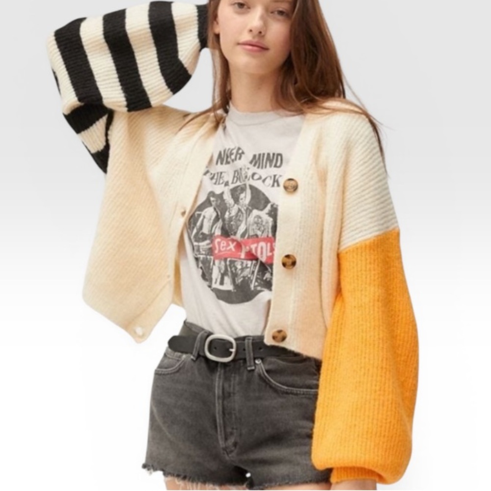 Urban Outfitters Piper Cream Slouchy Balloon Sleeve Gold Black Cardigan Size XS